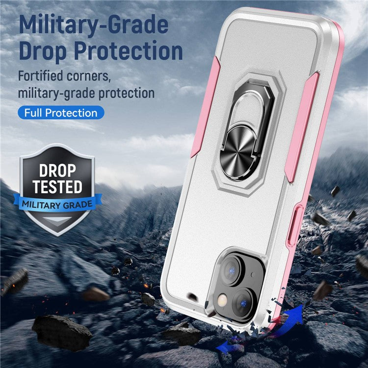 Defender Series for iPhone 14 6.1 inch Ring Kickstand Phone Drop-proof Case PC + TPU Hybrid Back Cover - White / Pink