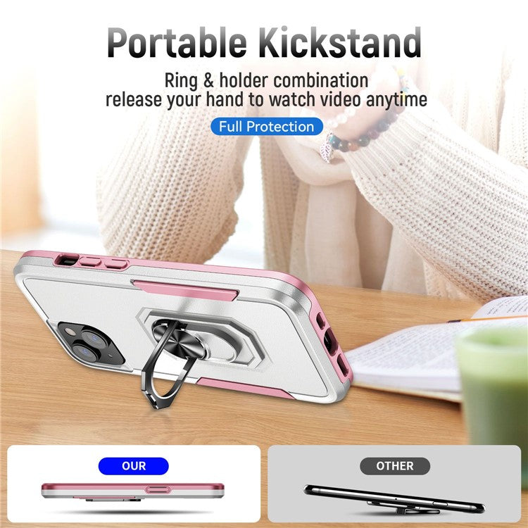 Defender Series for iPhone 14 6.1 inch Ring Kickstand Phone Drop-proof Case PC + TPU Hybrid Back Cover - White / Pink