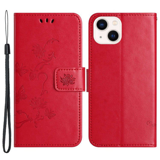 For iPhone 14 6.1 inch Overall Coverage PU Leather Stand Wallet Phone Cover Butterfly Flower Imprinted Phone Case with Strap - Red