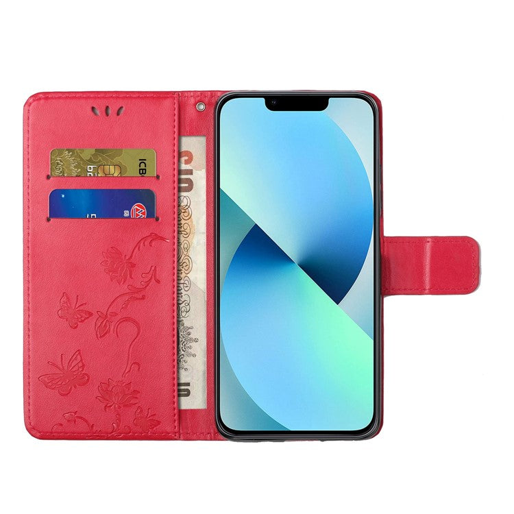 For iPhone 14 6.1 inch Overall Coverage PU Leather Stand Wallet Phone Cover Butterfly Flower Imprinted Phone Case with Strap - Red