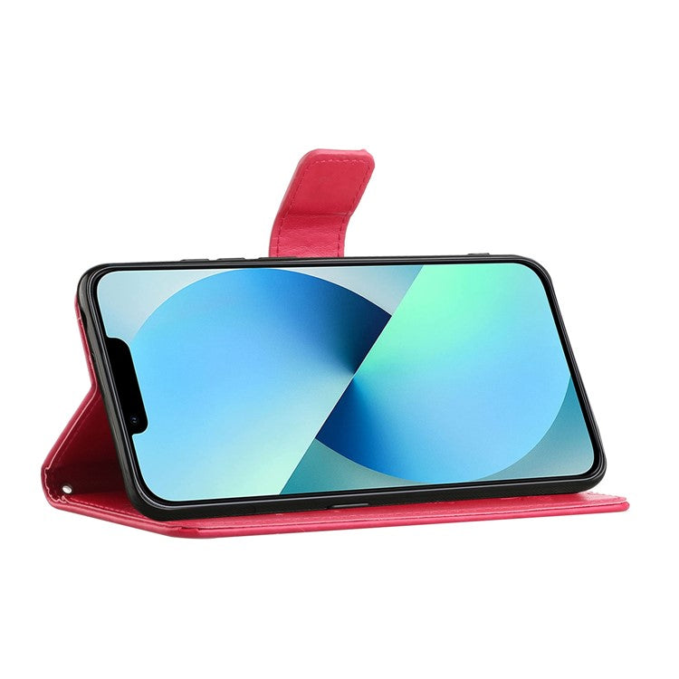 For iPhone 14 6.1 inch Overall Coverage PU Leather Stand Wallet Phone Cover Butterfly Flower Imprinted Phone Case with Strap - Red