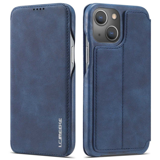 LC.IMEEKE Cell Phone Cover for iPhone 14 Plus, Anti-fingerprint PC+PU Leather Stand Phone Case with Card Slot - Blue