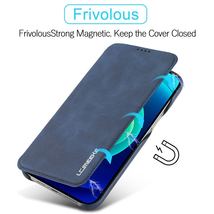 LC.IMEEKE Cell Phone Cover for iPhone 14 Plus, Anti-fingerprint PC+PU Leather Stand Phone Case with Card Slot - Blue