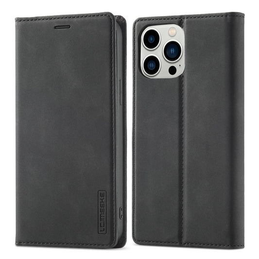 LC.IMEEKE For iPhone 14 Pro 6.1 inch PU Leather Phone Case Strong Magnetic Closure Wallet Stand Phone Cover - Black
