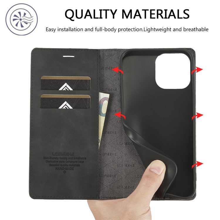 LC.IMEEKE For iPhone 14 Pro 6.1 inch PU Leather Phone Case Strong Magnetic Closure Wallet Stand Phone Cover - Black