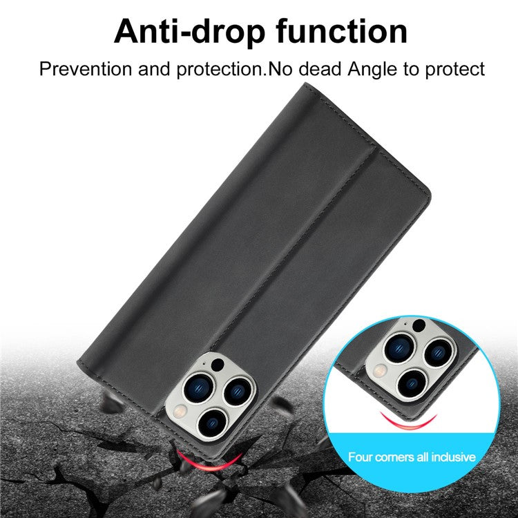 LC.IMEEKE For iPhone 14 Pro 6.1 inch PU Leather Phone Case Strong Magnetic Closure Wallet Stand Phone Cover - Black