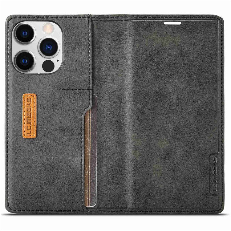 LC.IMEEKE LC-001 Series for iPhone 14 Pro 6.1 inch Color Splicing PU Leather + TPU Phone Case Drop-proof Cover with Card Slots - Black