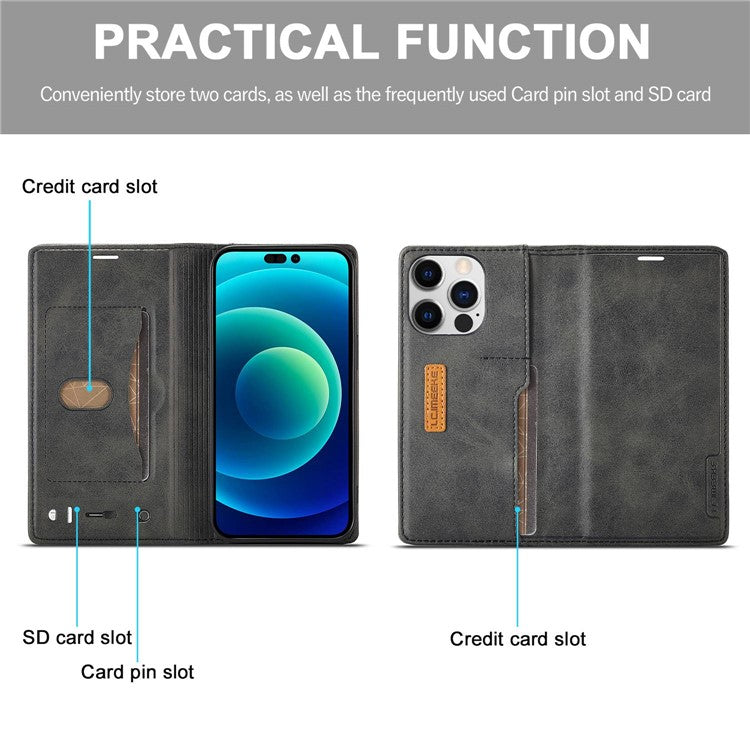 LC.IMEEKE LC-001 Series for iPhone 14 Pro 6.1 inch Color Splicing PU Leather + TPU Phone Case Drop-proof Cover with Card Slots - Black