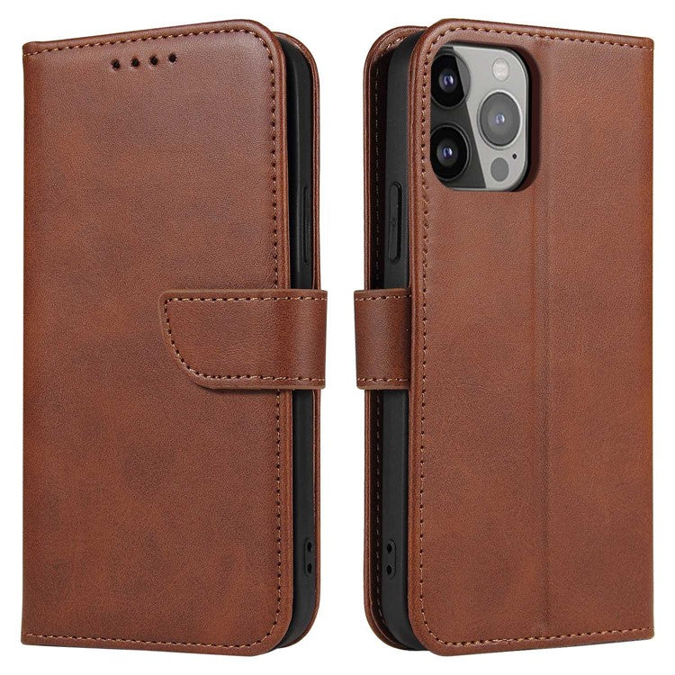Calf Texture Phone Case For iPhone 14 Pro Max 6.7 inch, Scratch-resistant PU Leather Phone Flip Wallet Cover Stand with Magnetic Buckle - Dark Brown