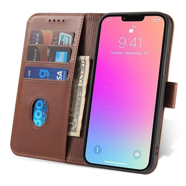 Calf Texture Phone Case For iPhone 14 Pro Max 6.7 inch, Scratch-resistant PU Leather Phone Flip Wallet Cover Stand with Magnetic Buckle - Dark Brown