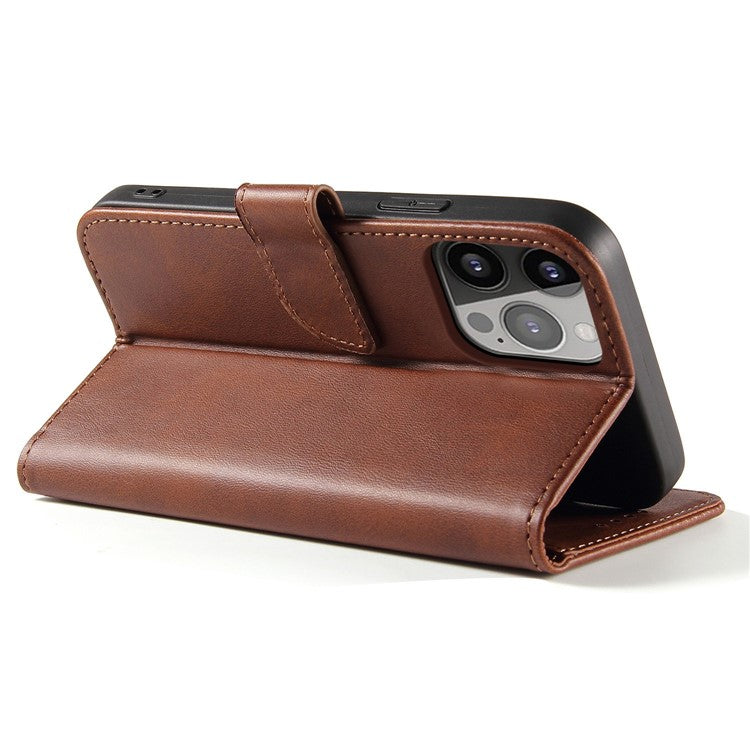 Calf Texture Phone Case For iPhone 14 Pro Max 6.7 inch, Scratch-resistant PU Leather Phone Flip Wallet Cover Stand with Magnetic Buckle - Dark Brown