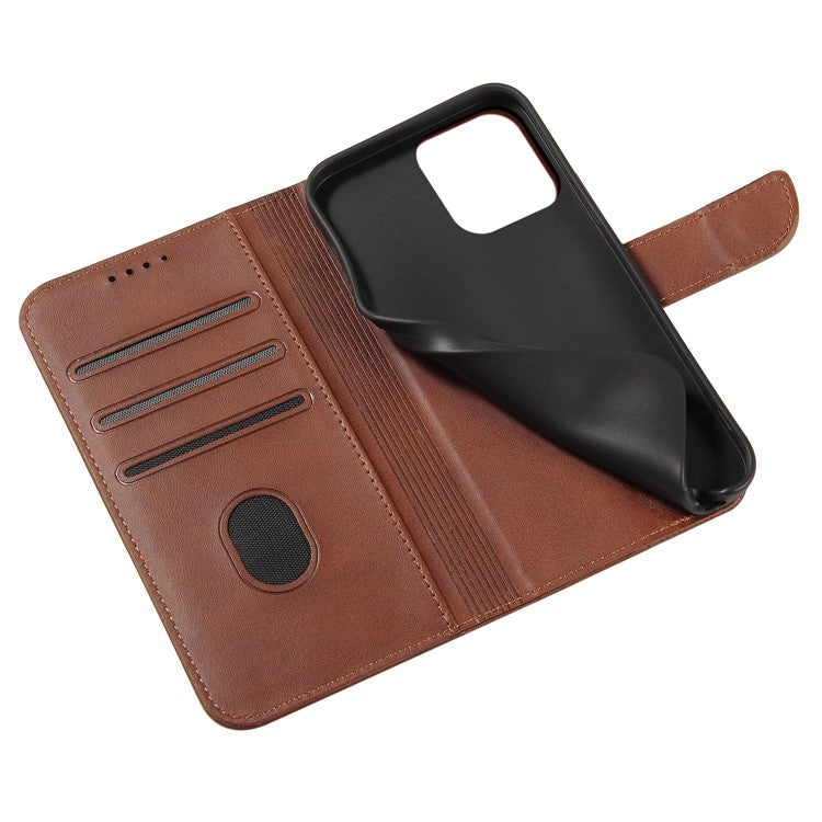 Calf Texture Phone Case For iPhone 14 Pro Max 6.7 inch, Scratch-resistant PU Leather Phone Flip Wallet Cover Stand with Magnetic Buckle - Dark Brown