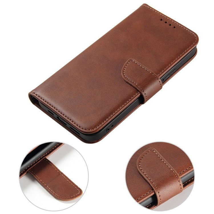 Calf Texture Phone Case For iPhone 14 Pro Max 6.7 inch, Scratch-resistant PU Leather Phone Flip Wallet Cover Stand with Magnetic Buckle - Dark Brown