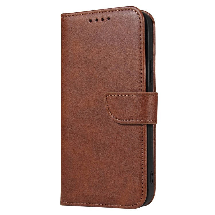 Calf Texture Phone Case For iPhone 14 Pro Max 6.7 inch, Scratch-resistant PU Leather Phone Flip Wallet Cover Stand with Magnetic Buckle - Dark Brown