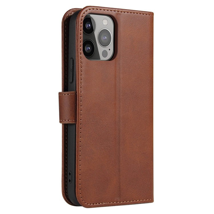 Calf Texture Phone Case For iPhone 14 Pro Max 6.7 inch, Scratch-resistant PU Leather Phone Flip Wallet Cover Stand with Magnetic Buckle - Dark Brown