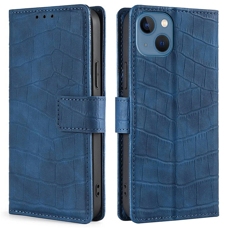 For iPhone 14 6.1 inch Shockproof Phone Case Flip Wallet Stand Crocodile Texture Skin-touch Feeling PU Leather Phone Protective Cover - Blue