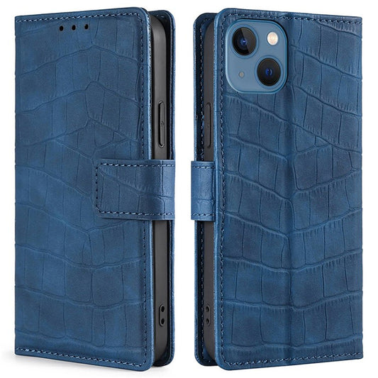 For iPhone 14 6.1 inch Shockproof Phone Case Flip Wallet Stand Crocodile Texture Skin-touch Feeling PU Leather Phone Protective Cover - Blue