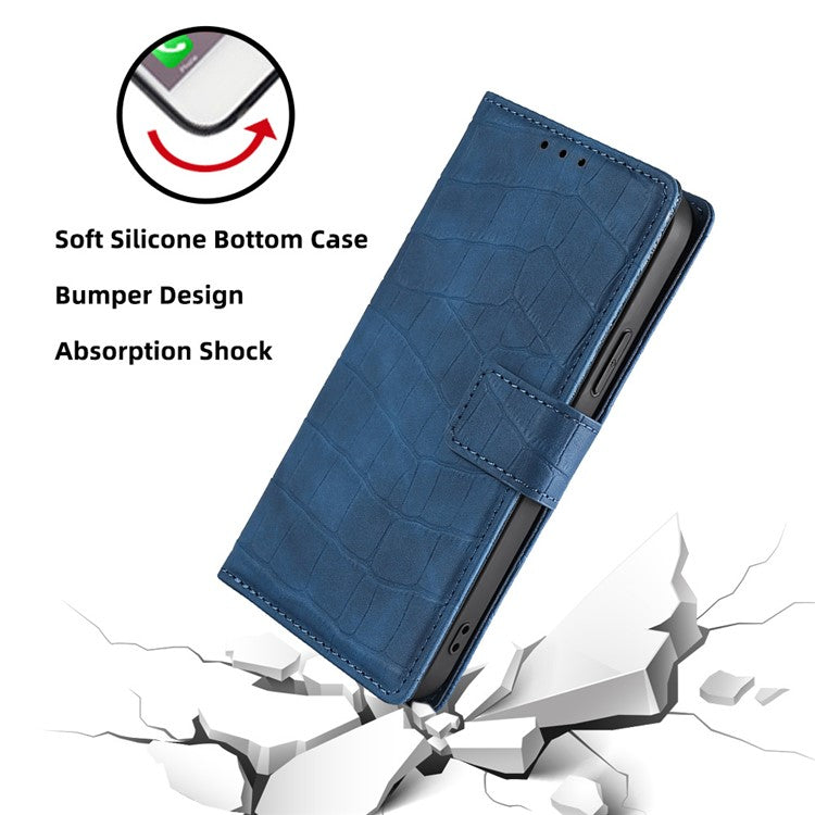 For iPhone 14 6.1 inch Shockproof Phone Case Flip Wallet Stand Crocodile Texture Skin-touch Feeling PU Leather Phone Protective Cover - Blue