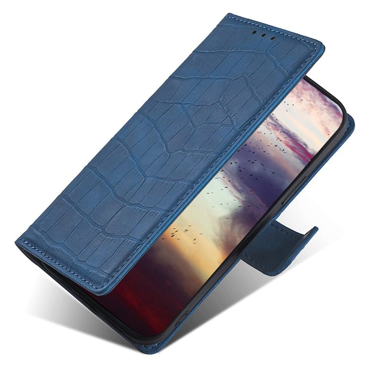For iPhone 14 6.1 inch Shockproof Phone Case Flip Wallet Stand Crocodile Texture Skin-touch Feeling PU Leather Phone Protective Cover - Blue