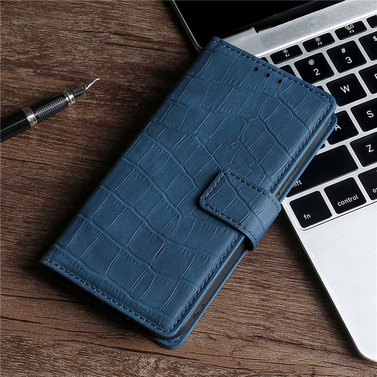 For iPhone 14 6.1 inch Shockproof Phone Case Flip Wallet Stand Crocodile Texture Skin-touch Feeling PU Leather Phone Protective Cover - Blue