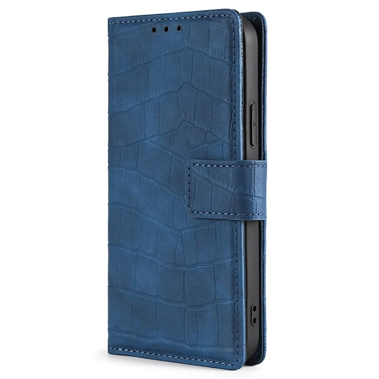 For iPhone 14 6.1 inch Shockproof Phone Case Flip Wallet Stand Crocodile Texture Skin-touch Feeling PU Leather Phone Protective Cover - Blue