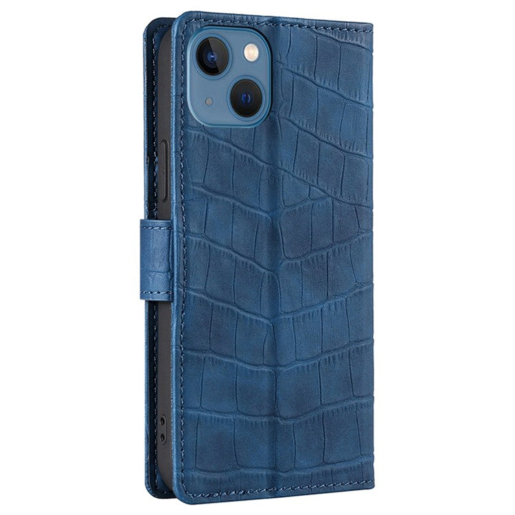 For iPhone 14 6.1 inch Shockproof Phone Case Flip Wallet Stand Crocodile Texture Skin-touch Feeling PU Leather Phone Protective Cover - Blue
