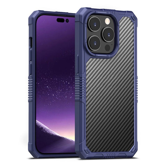 Protective Case for iPhone 14 6.1 inch Carbon Fiber TPU+PC Cover Anti-Fingerprint Phone Case - Blue