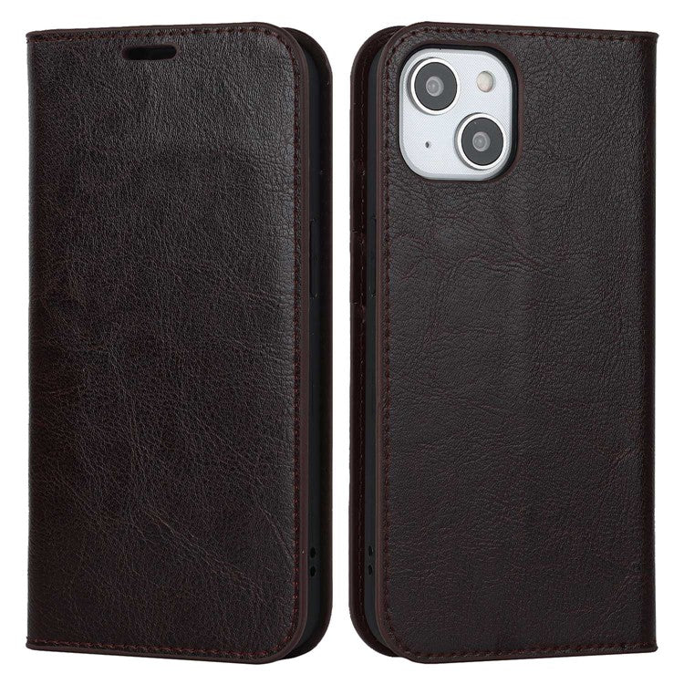 For iPhone 14 6.1 inch Genuine Leather Magnetic Absorption Phone Case Crazy Horse Texture Shockproof TPU Interior Shell Flip Stand Wallet Cover - Dark Brown