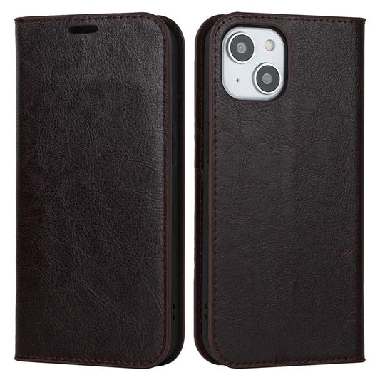 For iPhone 14 6.1 inch Genuine Leather Magnetic Absorption Phone Case Crazy Horse Texture Shockproof TPU Interior Shell Flip Stand Wallet Cover - Dark Brown