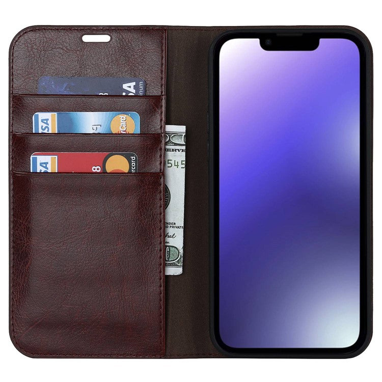 For iPhone 14 6.1 inch Genuine Leather Magnetic Absorption Phone Case Crazy Horse Texture Shockproof TPU Interior Shell Flip Stand Wallet Cover - Dark Brown