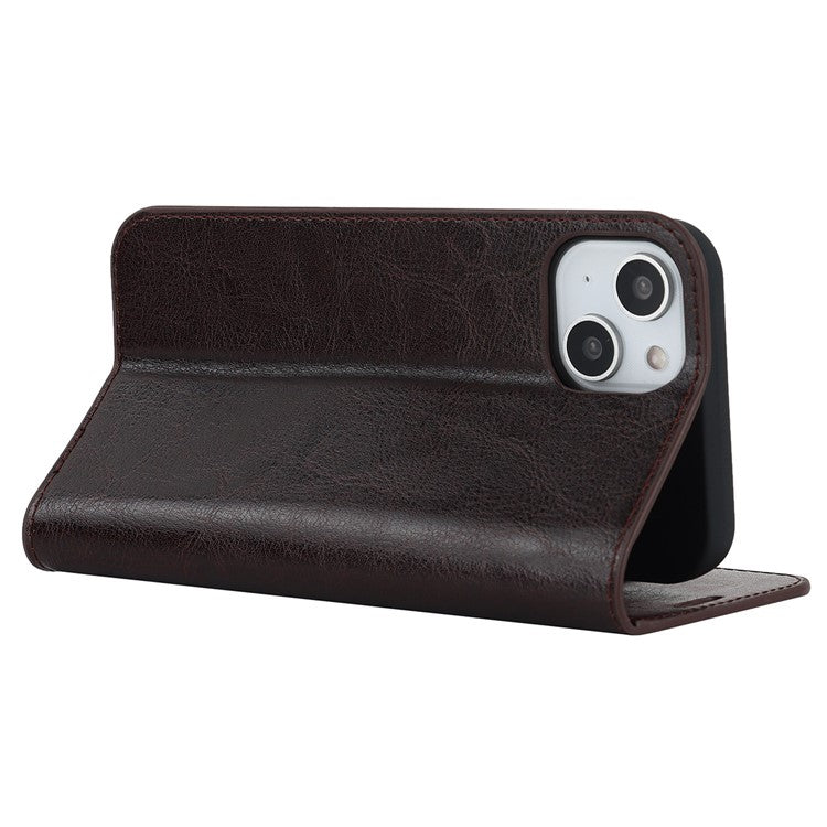 For iPhone 14 6.1 inch Genuine Leather Magnetic Absorption Phone Case Crazy Horse Texture Shockproof TPU Interior Shell Flip Stand Wallet Cover - Dark Brown