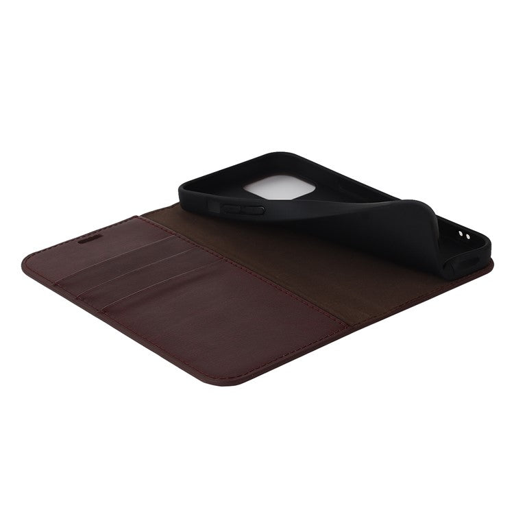 For iPhone 14 6.1 inch Genuine Leather Magnetic Absorption Phone Case Crazy Horse Texture Shockproof TPU Interior Shell Flip Stand Wallet Cover - Dark Brown
