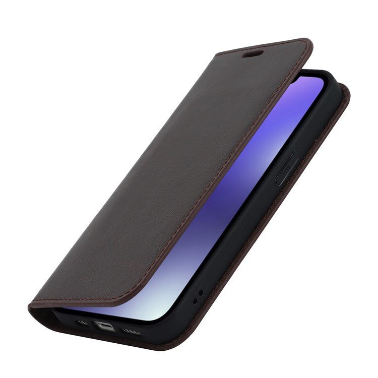 For iPhone 14 6.1 inch Genuine Leather Magnetic Absorption Phone Case Crazy Horse Texture Shockproof TPU Interior Shell Flip Stand Wallet Cover - Dark Brown