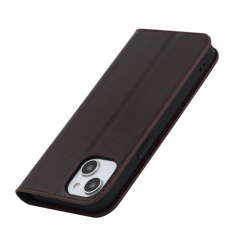 For iPhone 14 6.1 inch Genuine Leather Magnetic Absorption Phone Case Crazy Horse Texture Shockproof TPU Interior Shell Flip Stand Wallet Cover - Dark Brown