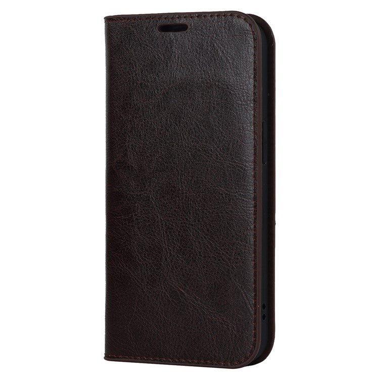 For iPhone 14 6.1 inch Genuine Leather Magnetic Absorption Phone Case Crazy Horse Texture Shockproof TPU Interior Shell Flip Stand Wallet Cover - Dark Brown