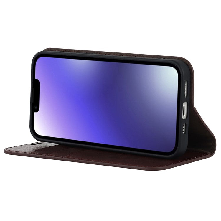 For iPhone 14 Plus Crazy Horse Texture Genuine Leather Wallet Case Stand Magnetic Auto-absorbed Folio Cover - Dark Brown