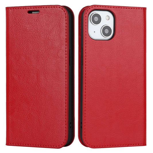 For iPhone 14 Plus Crazy Horse Texture Genuine Leather Wallet Case Stand Magnetic Auto-absorbed Folio Cover - Red