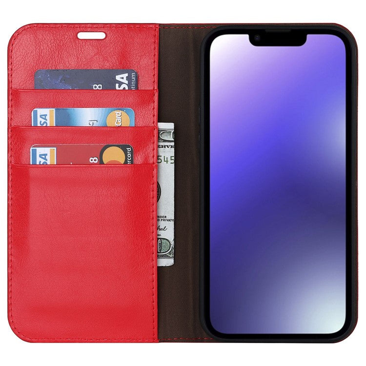 For iPhone 14 Plus Crazy Horse Texture Genuine Leather Wallet Case Stand Magnetic Auto-absorbed Folio Cover - Red