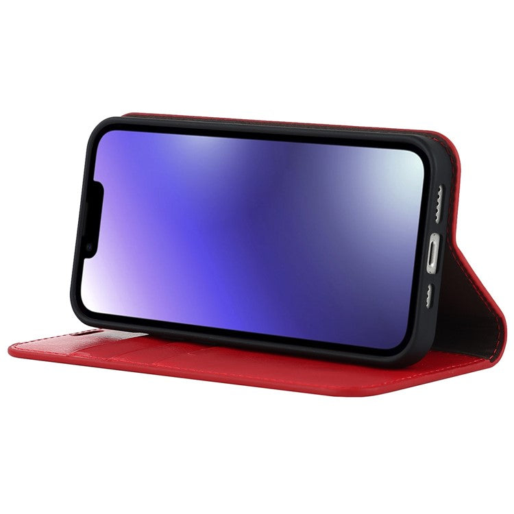 For iPhone 14 Plus Crazy Horse Texture Genuine Leather Wallet Case Stand Magnetic Auto-absorbed Folio Cover - Red
