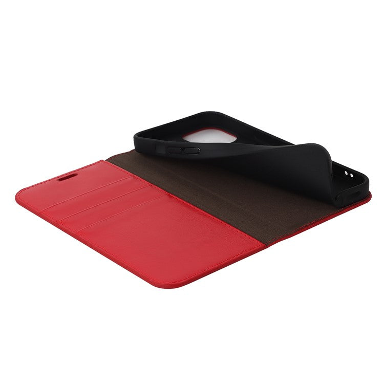 For iPhone 14 Plus Crazy Horse Texture Genuine Leather Wallet Case Stand Magnetic Auto-absorbed Folio Cover - Red