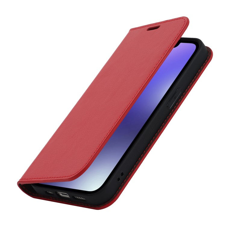 For iPhone 14 Plus Crazy Horse Texture Genuine Leather Wallet Case Stand Magnetic Auto-absorbed Folio Cover - Red