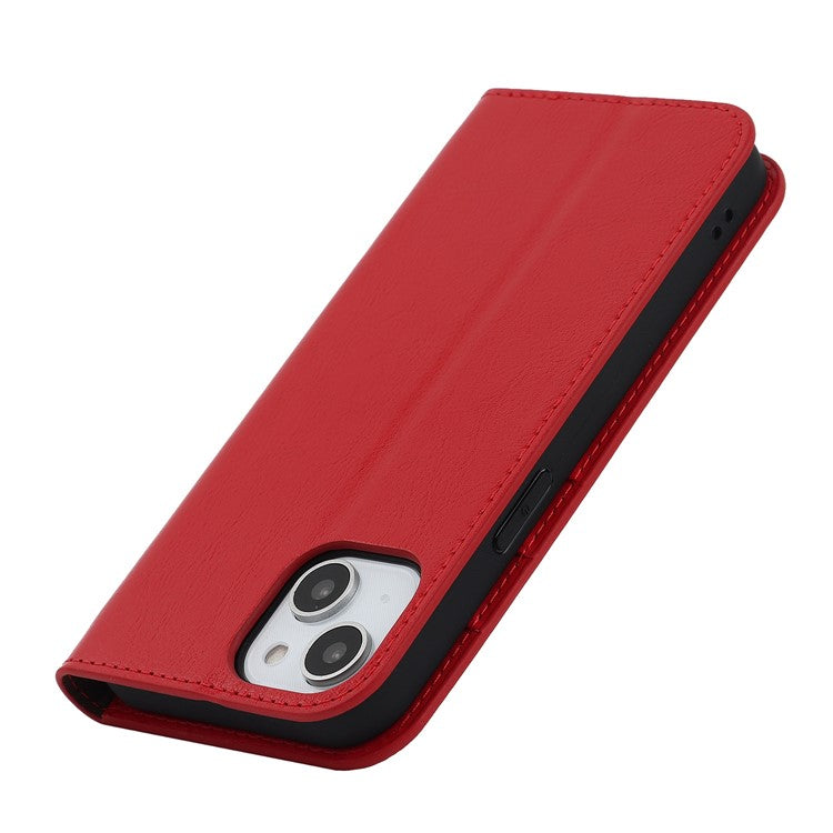 For iPhone 14 Plus Crazy Horse Texture Genuine Leather Wallet Case Stand Magnetic Auto-absorbed Folio Cover - Red