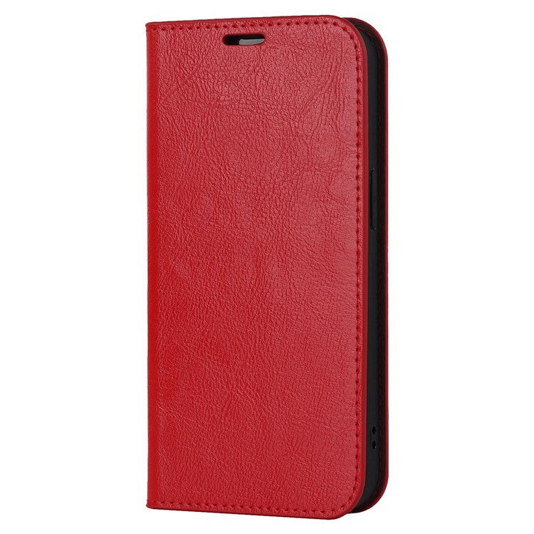 For iPhone 14 Plus Crazy Horse Texture Genuine Leather Wallet Case Stand Magnetic Auto-absorbed Folio Cover - Red