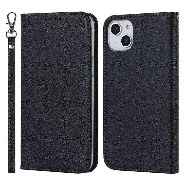 For iPhone 14 6.1 inch PU Leather Silk Texture Anti-wear Phone Case Stand Anti-shock Wallet Shell with Wrist Strap - Black