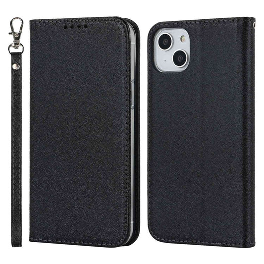 For iPhone 14 6.1 inch PU Leather Silk Texture Anti-wear Phone Case Stand Anti-shock Wallet Shell with Wrist Strap - Black