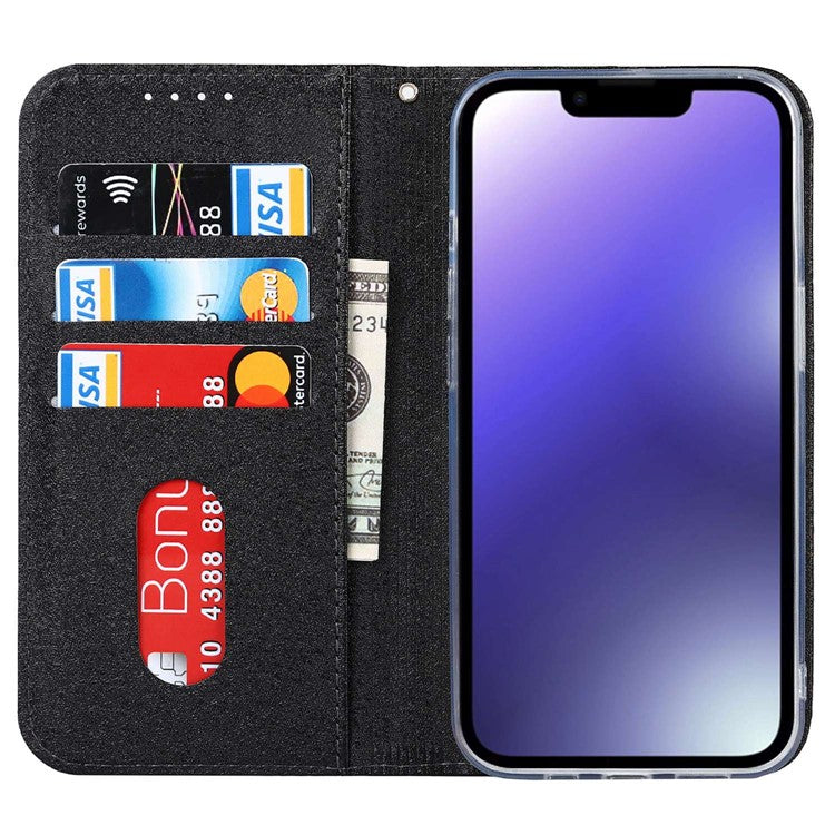 For iPhone 14 6.1 inch PU Leather Silk Texture Anti-wear Phone Case Stand Anti-shock Wallet Shell with Wrist Strap - Black