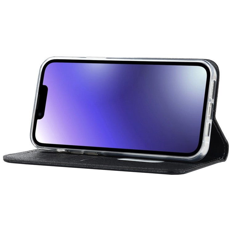 For iPhone 14 6.1 inch PU Leather Silk Texture Anti-wear Phone Case Stand Anti-shock Wallet Shell with Wrist Strap - Black