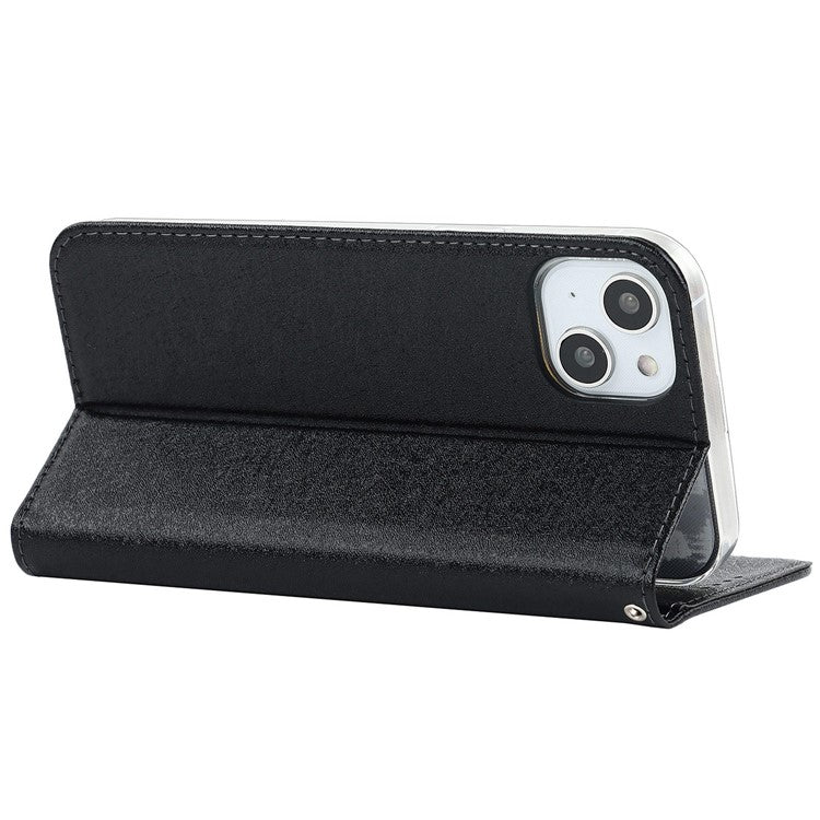 For iPhone 14 6.1 inch PU Leather Silk Texture Anti-wear Phone Case Stand Anti-shock Wallet Shell with Wrist Strap - Black