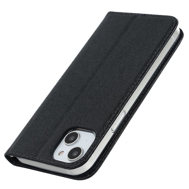 For iPhone 14 6.1 inch PU Leather Silk Texture Anti-wear Phone Case Stand Anti-shock Wallet Shell with Wrist Strap - Black
