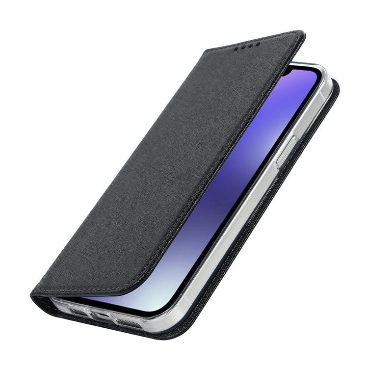 For iPhone 14 6.1 inch PU Leather Silk Texture Anti-wear Phone Case Stand Anti-shock Wallet Shell with Wrist Strap - Black